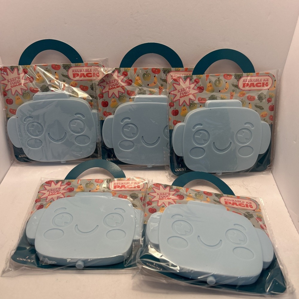 Reusable Ice Pack Kids Lunch Box Fun Face Blue Keeps Food Cold 5 Count